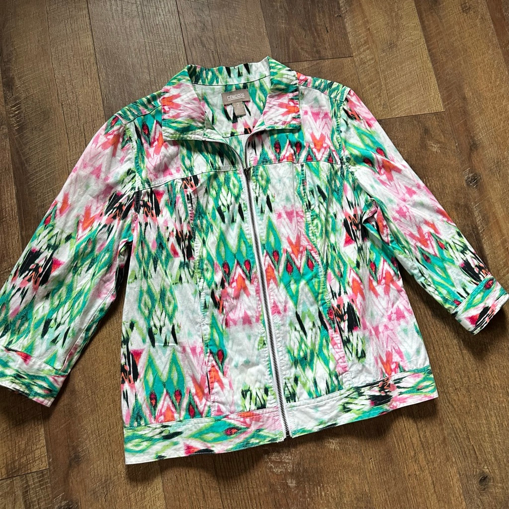 Women's Chico's White Green Pink Abstract Print Full Zip Jacket L Spring